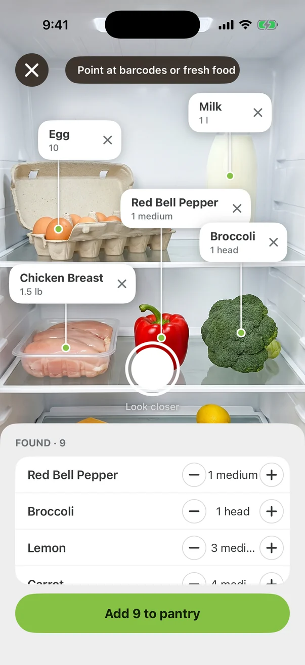 The pantry scanner in a fridge: cards pinned to the eggs, milk, red bell pepper, chicken breast and broccoli, and 9 found in the list